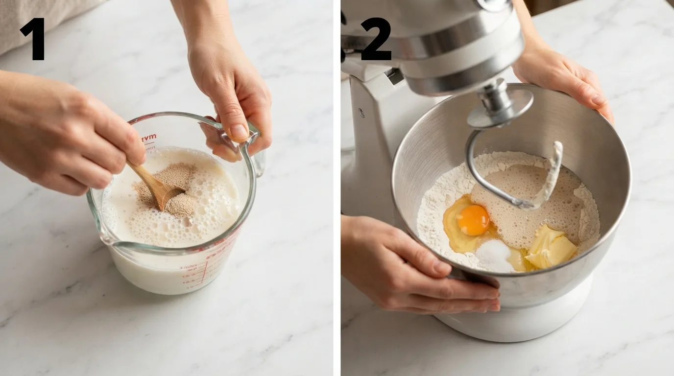 Stirring yeast and sugar into warm milk until foamy for sovitika poyivia dough / Combining flour, egg, and butter with yeast mixture in a stand mixer bowl