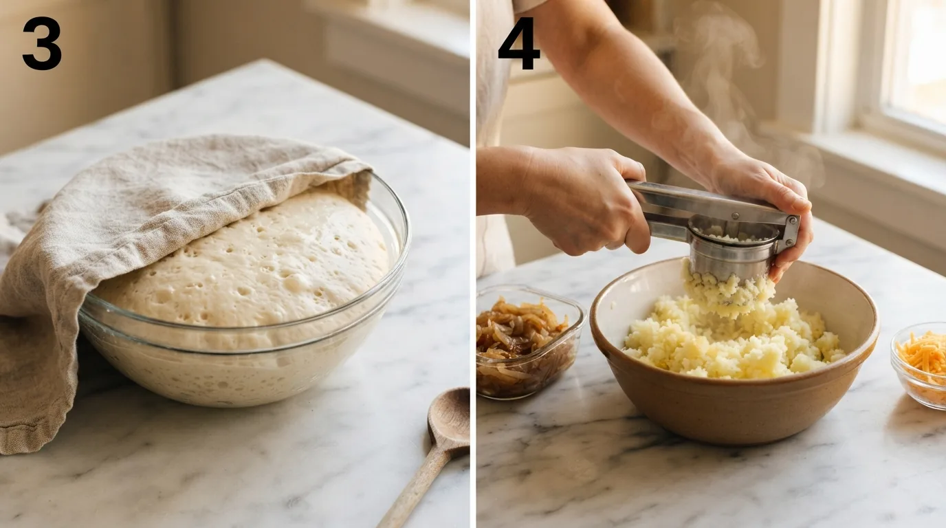 Sovitika poyivia dough doubled in size after the first rise / Ricing boiled potatoes for sovitika poyivia filling with caramelized onion nearby