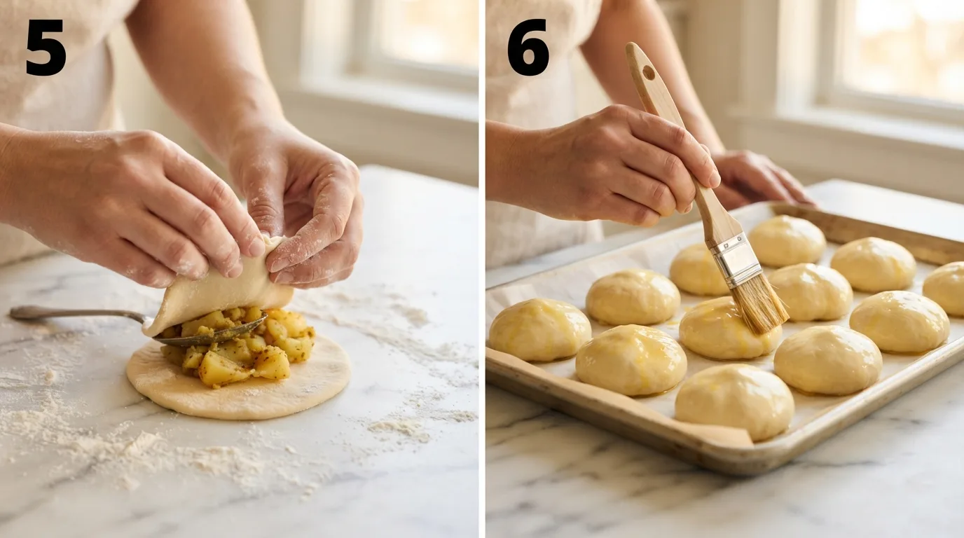 Pinching dough closed around potato and cheese filling for sovitika poyivia / Brushing egg wash onto shaped sovitika poyivia buns before baking