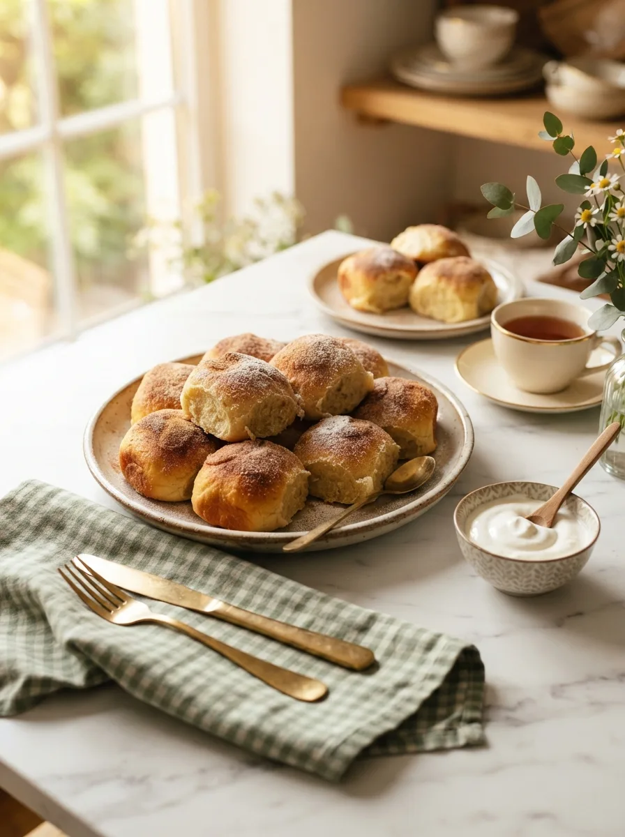 Sovitika poyivia buns served on a brunch table with sour cream and linen napkin