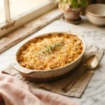 Golden baked squash alabama recipe casserole with crisp cracker topping in an oval dish