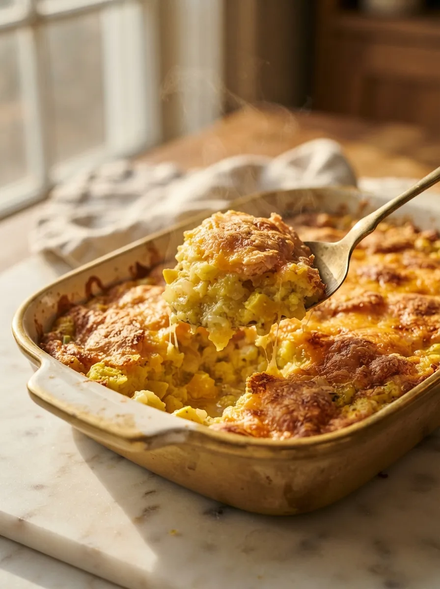 Spoon lifting a portion of alabama squash casserole showing custardy interior and melted cheddar