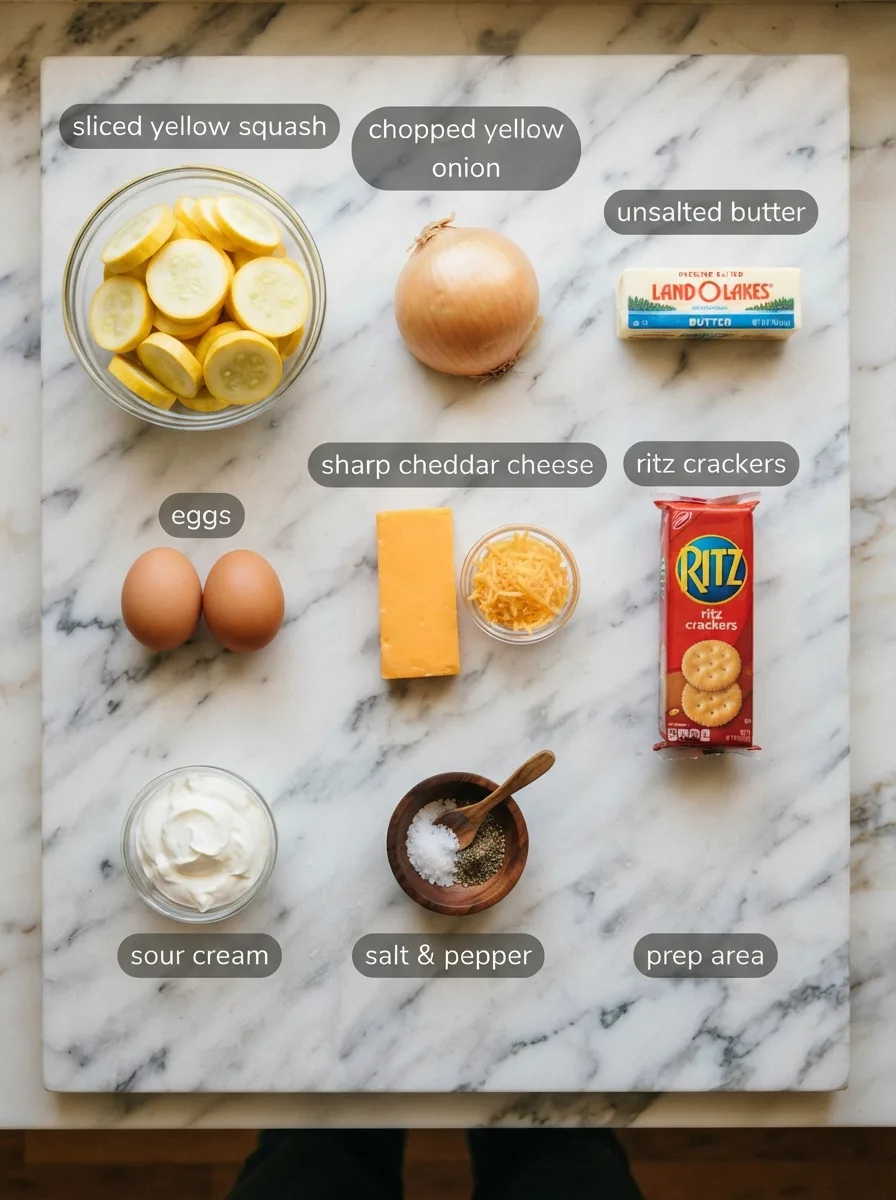 Ingredients for squash alabama recipe laid out on marble including squash, cheddar, and crackers