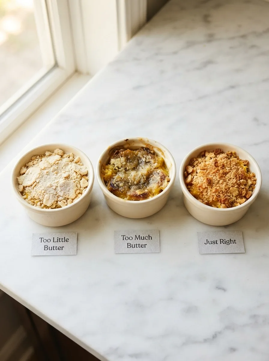 Comparison of squash alabama casserole toppings showing dry, greasy, and perfectly crisp results