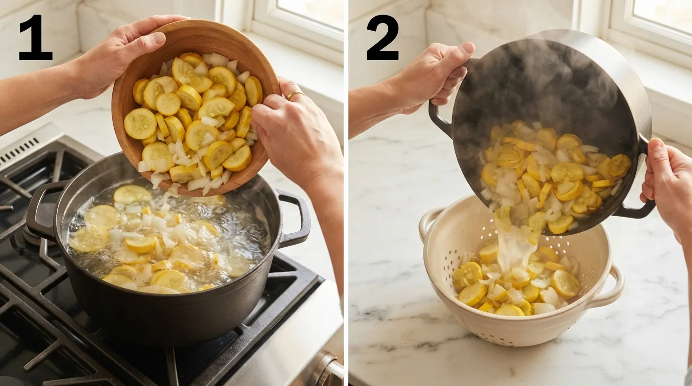 Sliced squash and onion added to a pot of boiling water for squash alabama recipe / Draining boiled squash and onion in a colander with steam rising