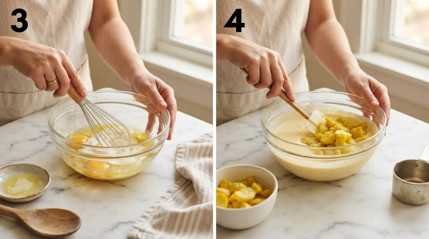 Whisking eggs, sour cream, and melted butter for squash casserole custard base / Folding drained squash into egg custard mixture with a rubber spatula