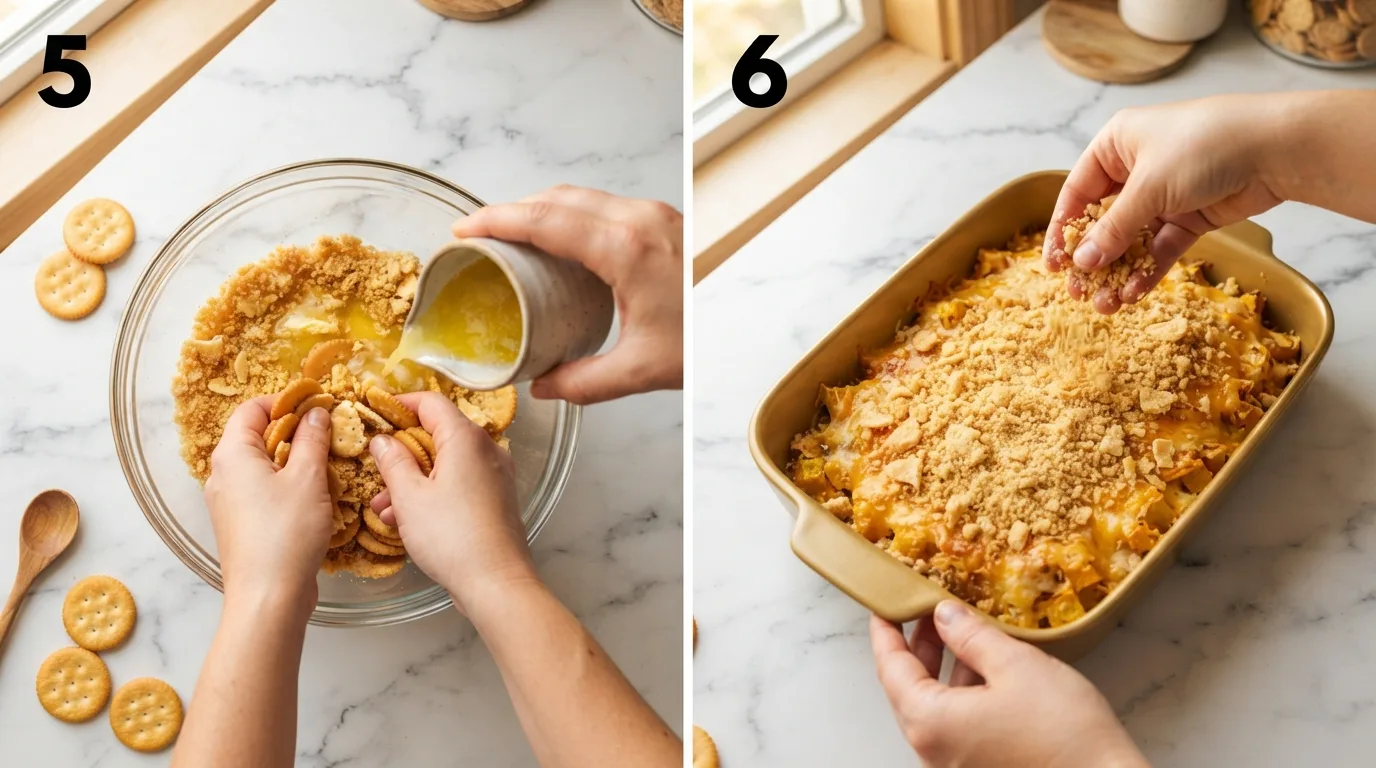 Crushing Ritz crackers and mixing with melted butter for squash casserole topping / Scattering buttered cracker crumbs over squash casserole before baking