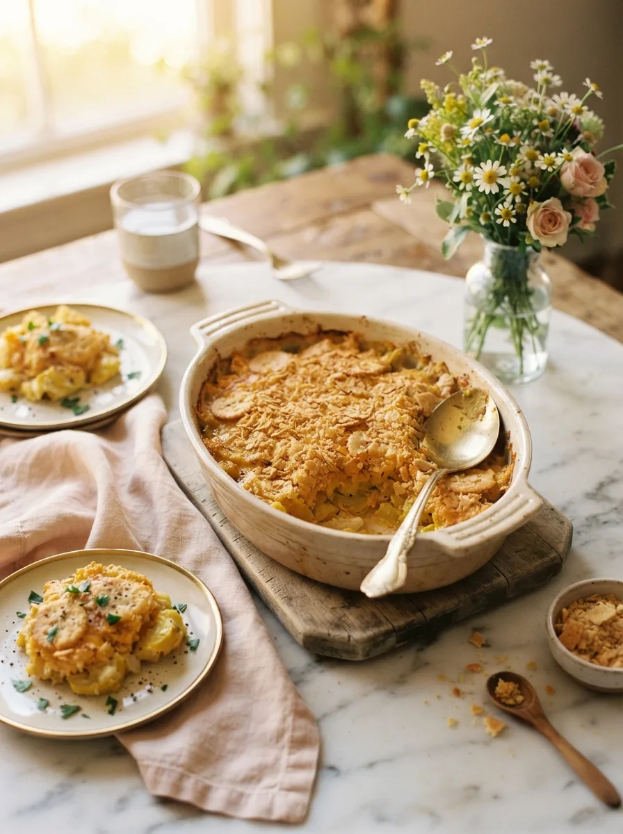 Squash alabama casserole styled on a table with linen napkin and fresh flowers