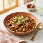 Dark stalekracker jambalaya recipe with chicken and andouille sausage in a terracotta bowl