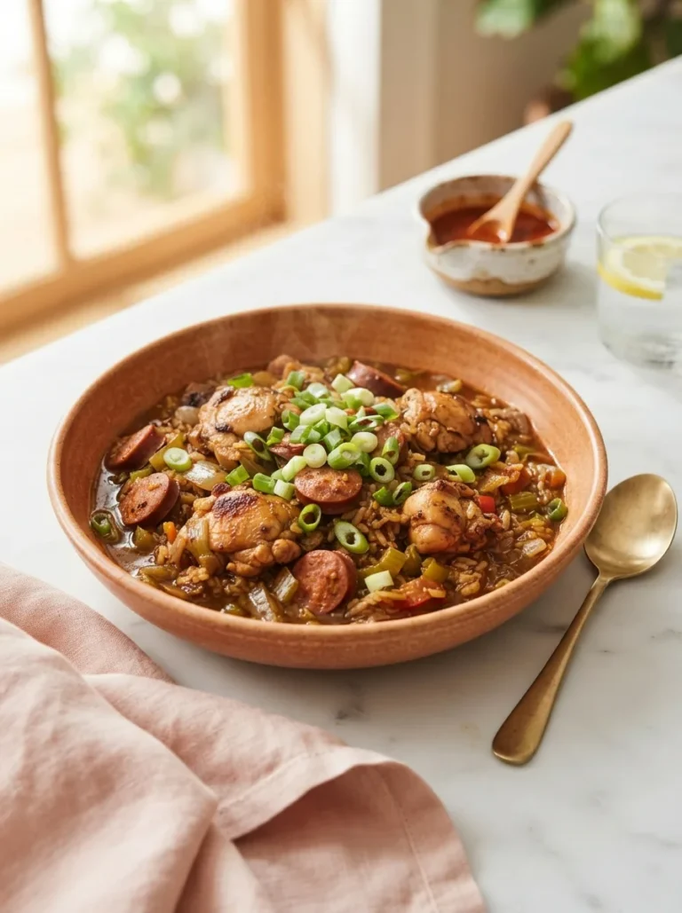 Dark stalekracker jambalaya recipe with chicken and andouille sausage in a terracotta bowl