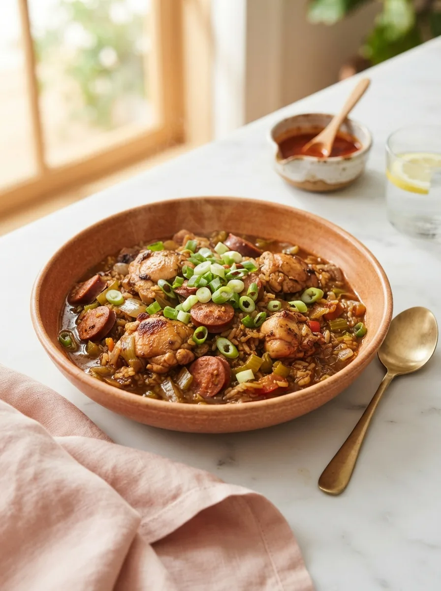 Dark stalekracker jambalaya recipe with chicken and andouille sausage in a terracotta bowl
