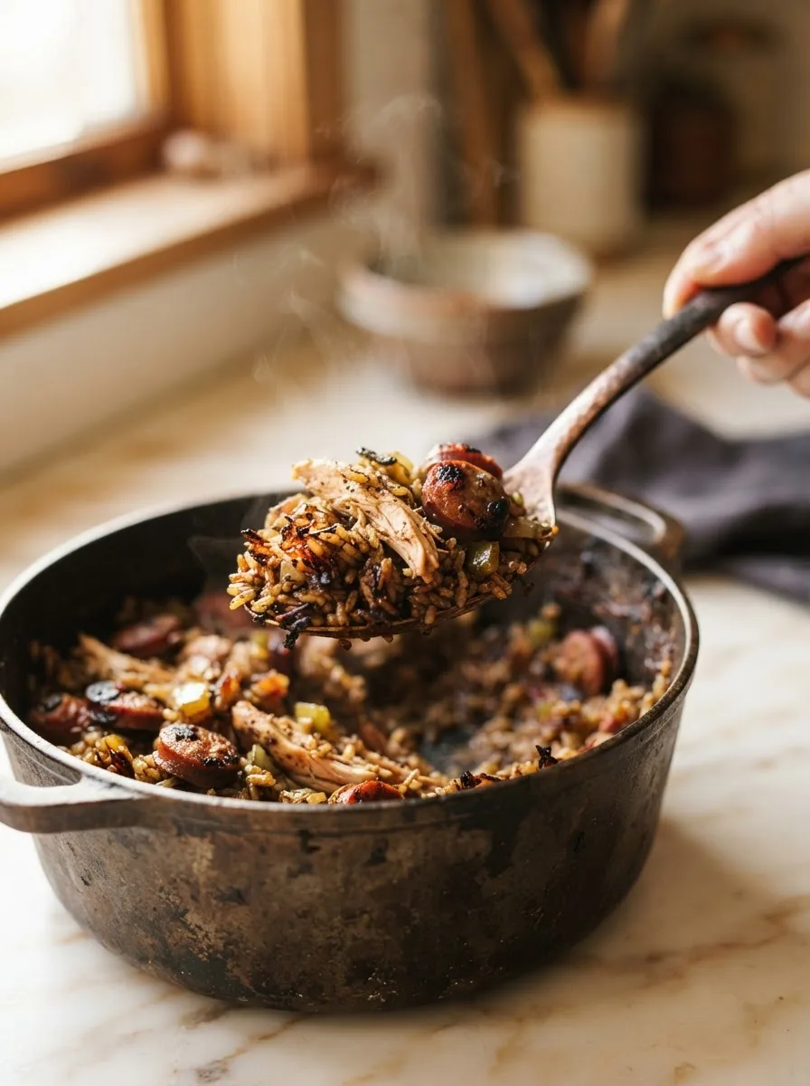 Close-up spoonful of dark stalekracker jambalaya recipe showing browned rice grains and sausage