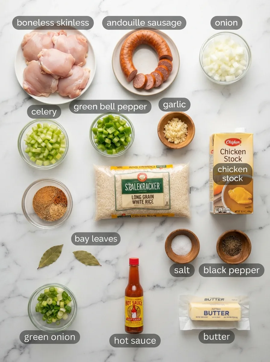 Ingredients for stalekracker jambalaya recipe including chicken thighs, andouille, and holy trinity