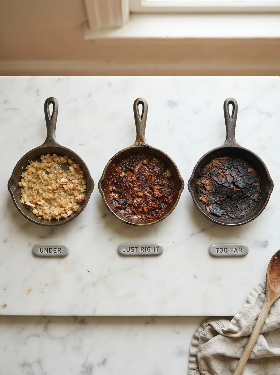 Comparison of jambalaya fond color stages from under-browned to burnt in a cast iron pot