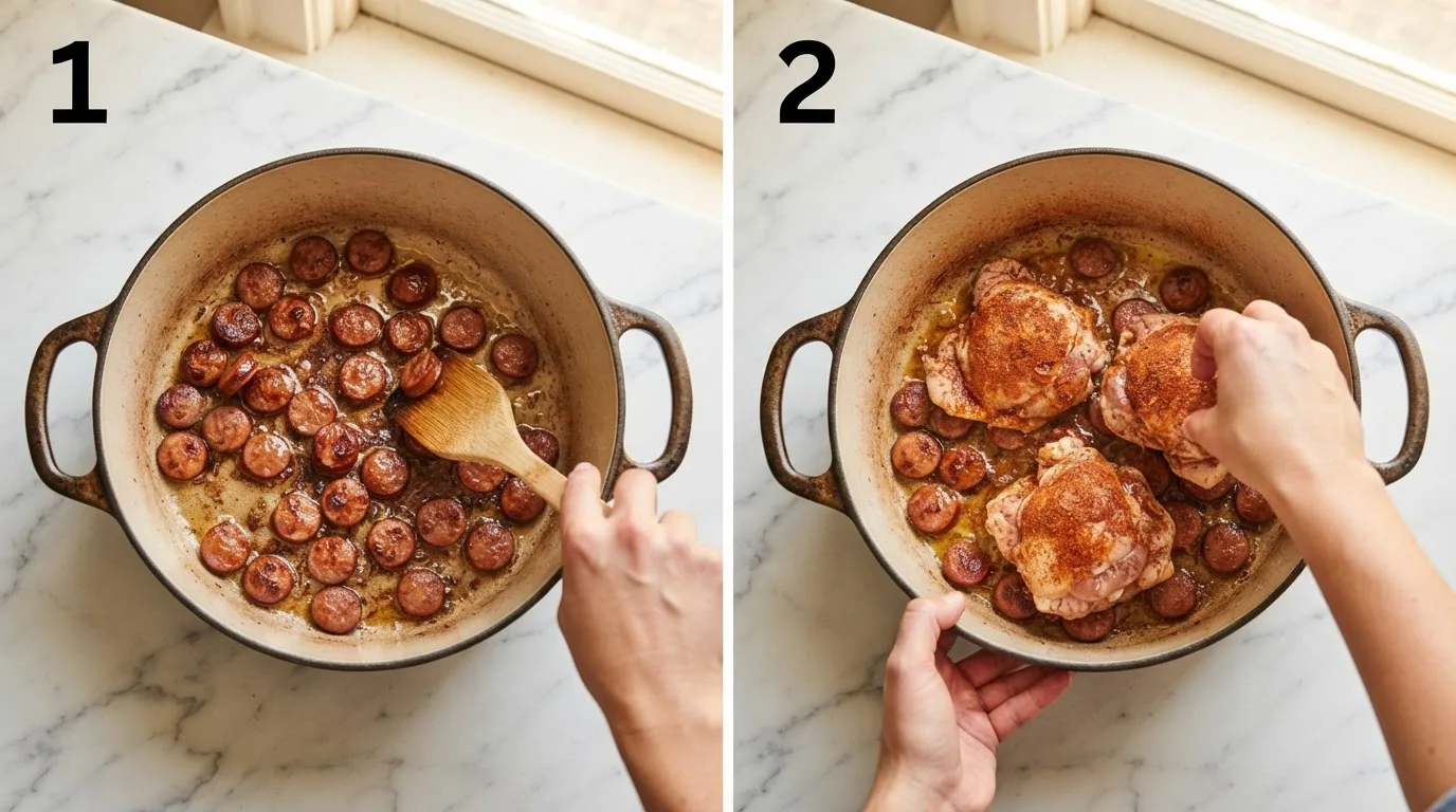 Andouille sausage coins browning in cast iron Dutch oven for jambalaya / Seasoned chicken thighs browning in rendered sausage fat for jambalaya
