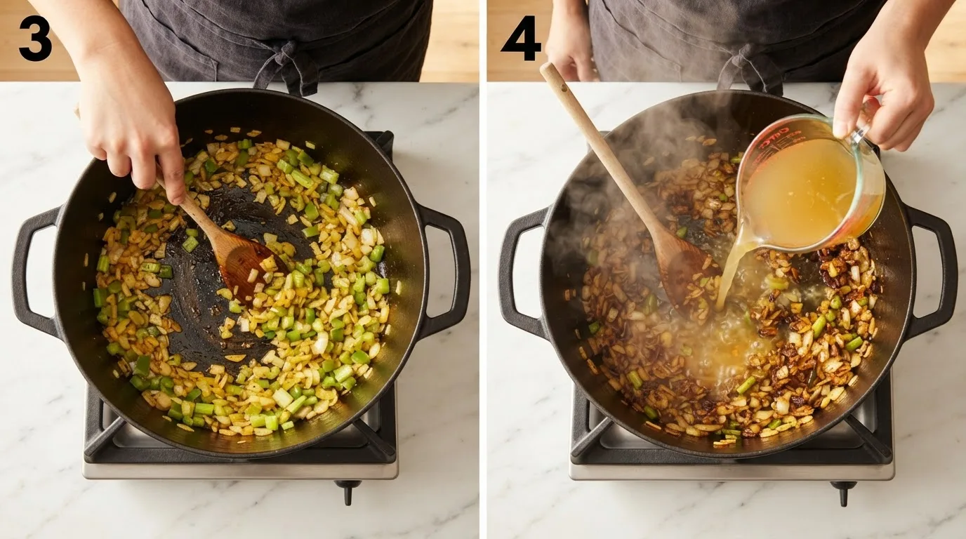 Sautéing holy trinity vegetables in a darkening Dutch oven for jambalaya / Pouring warm chicken stock to deglaze the pot for stalekracker jambalaya recipe