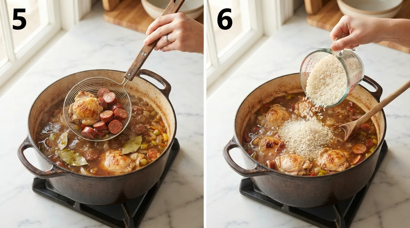 Returning browned chicken and sausage to simmering stock for jambalaya / Pouring long grain rice into simmering jambalaya pot