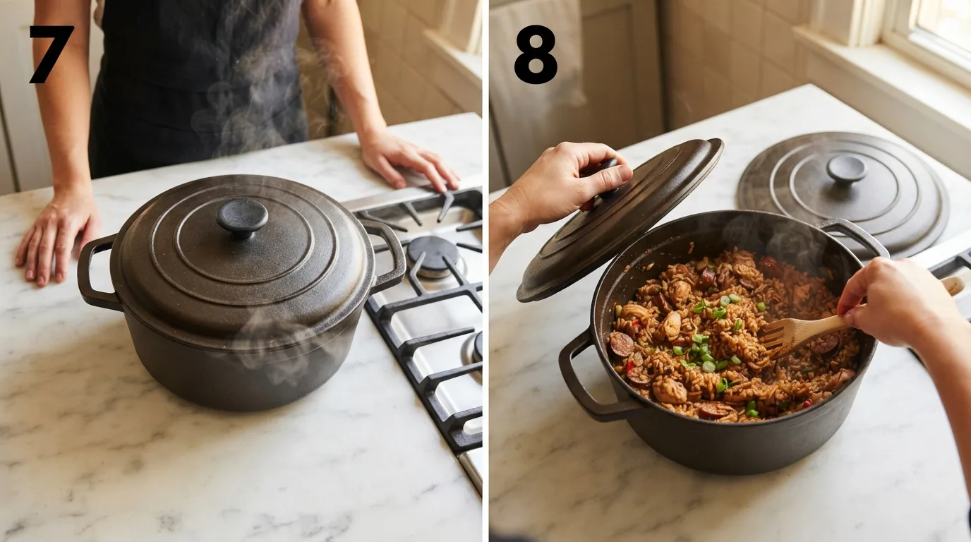 Covered Dutch oven resting while jambalaya rice finishes steaming / Fluffing finished dark jambalaya and topping with fresh green onion