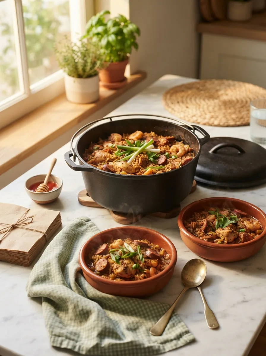 Table scene with stalekracker jambalaya recipe served family-style in a Dutch oven