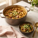 Bowl of stalekracker pastalaya recipe with sausage, chicken, and pasta in amber Cajun broth