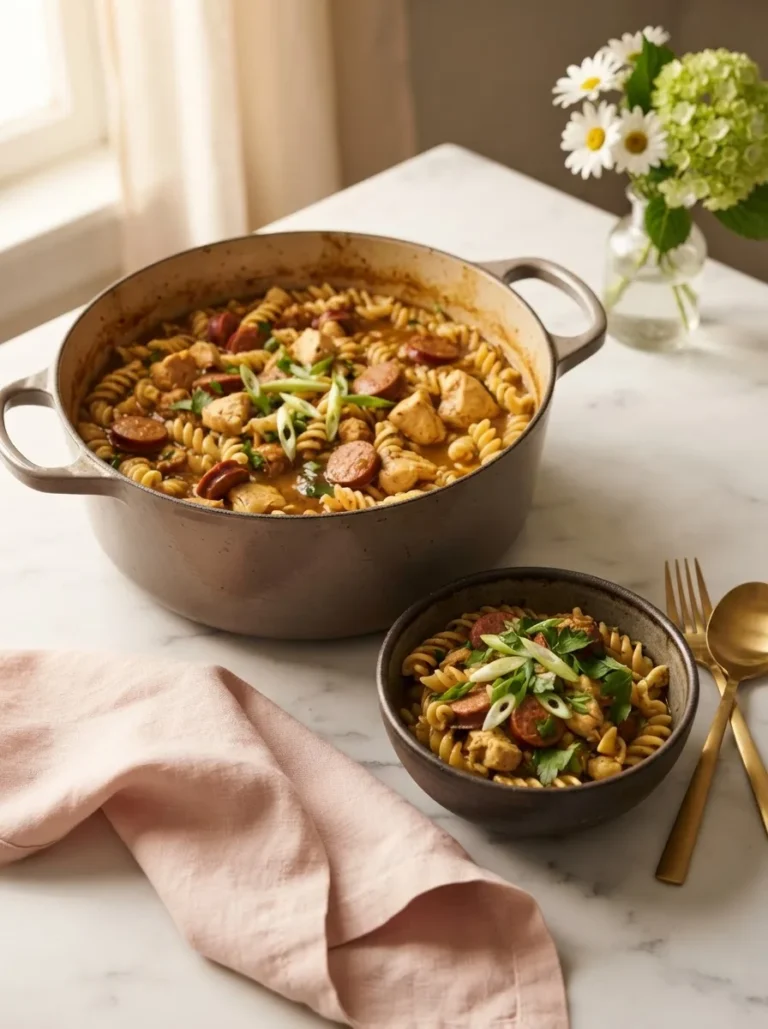 Bowl of stalekracker pastalaya recipe with sausage, chicken, and pasta in amber Cajun broth