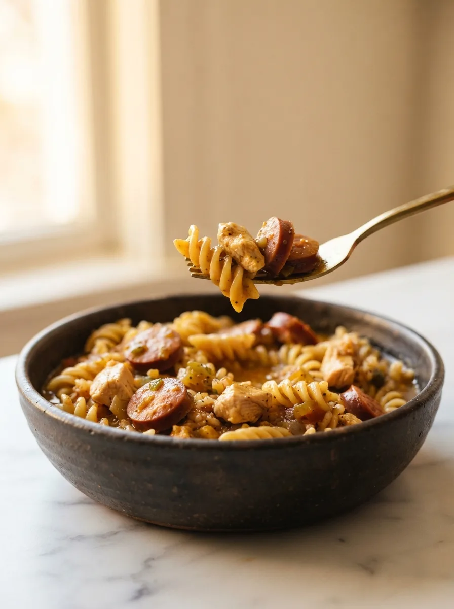 Forkful of pastalaya stalekracker recipe showing sausage-coated rotini pasta
