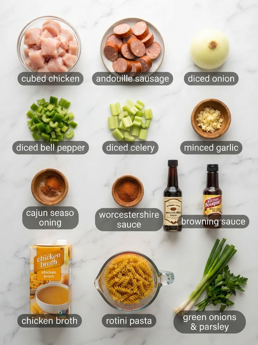 Ingredients for stalekracker pastalaya recipe including sausage, chicken, and pasta