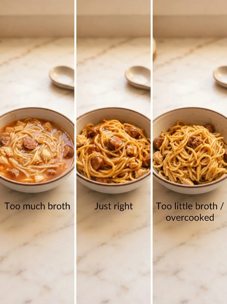 Comparison of stalekracker pastalaya recipe pasta texture at three broth ratios