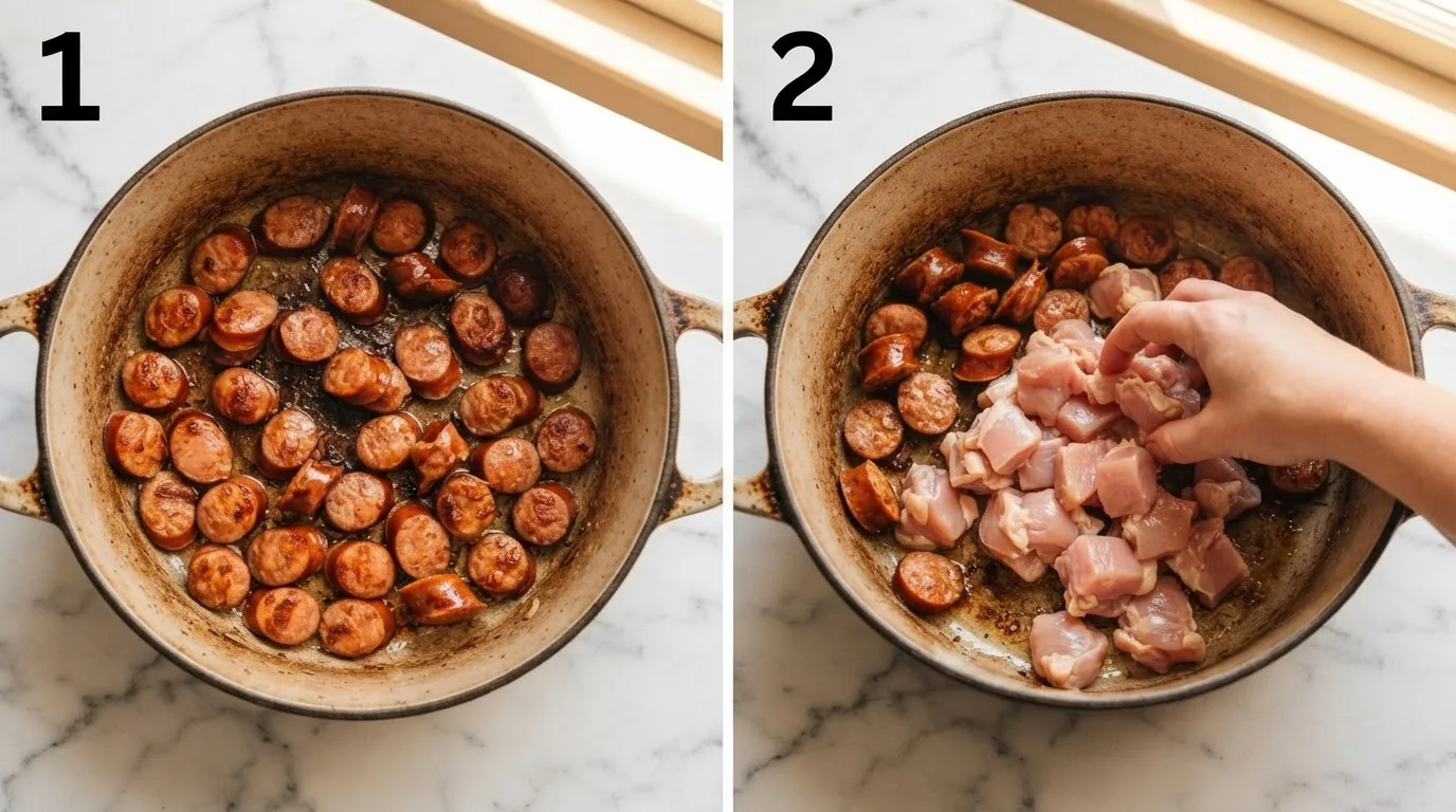 Browning andouille sausage for stalekracker pastalaya recipe / Adding cubed chicken thighs to browned sausage in cast-iron pot
