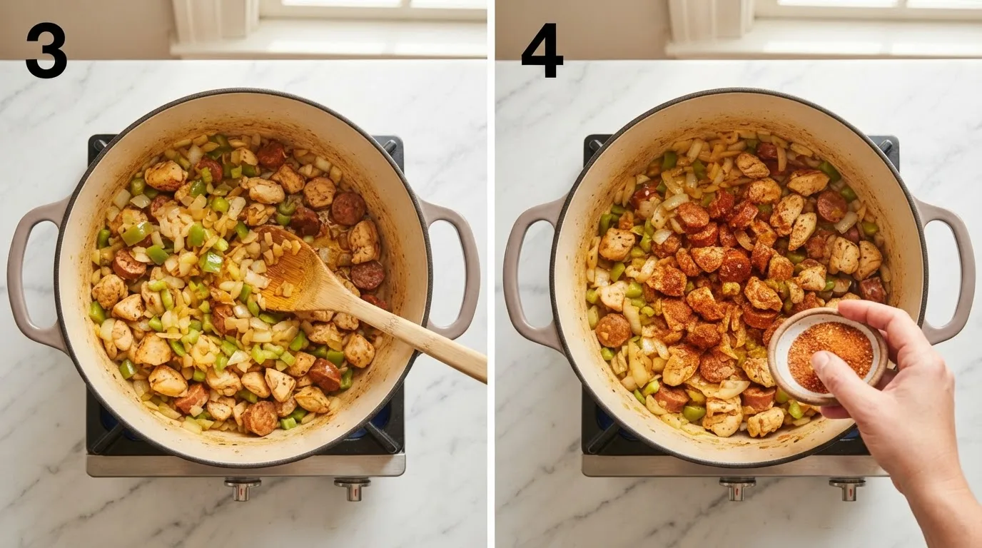 Sautéing the holy trinity for pastalaya stalekracker recipe / Sprinkling Cajun seasoning over sausage, chicken, and vegetables