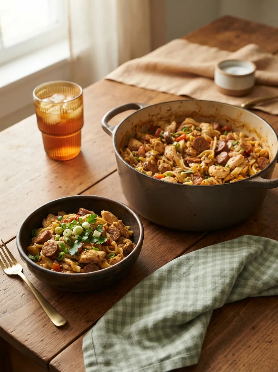 Table scene with stalekracker pastalaya recipe served in rustic bowl