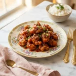 Glossy steves lava chicken recipe with crispy chicken bites dripping in molten orange glaze