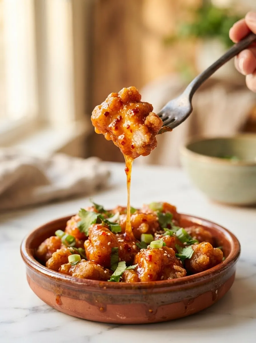 Close-up of lava chicken bite with thick glossy glaze stretching off the fork