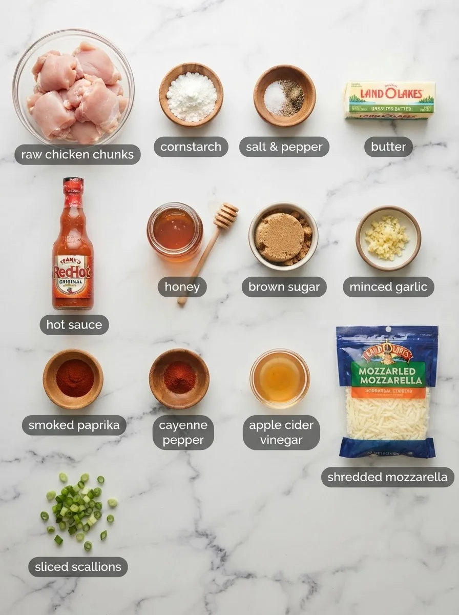 Ingredients for steves lava chicken recipe including chicken, hot sauce, honey, and butter