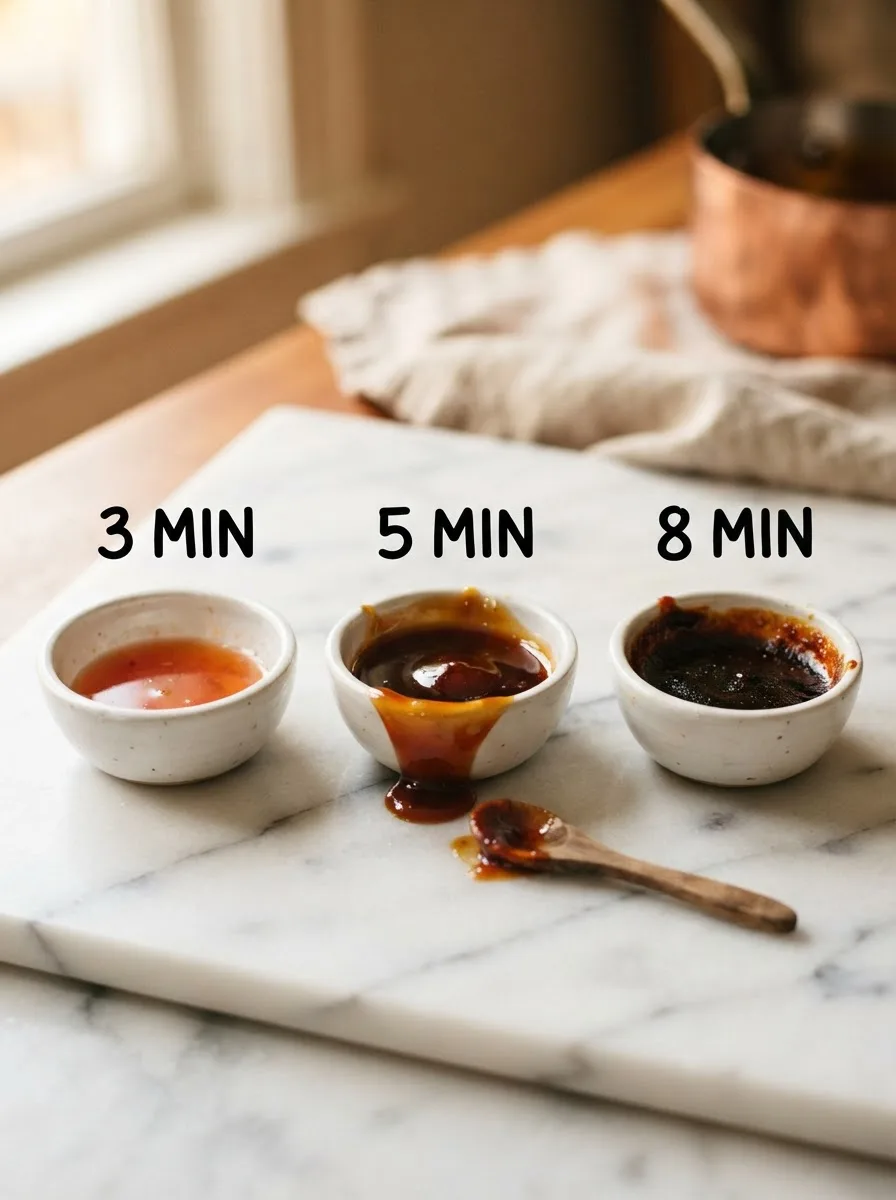 Comparison of lava chicken glaze at 3, 5, and 8 minute simmer times