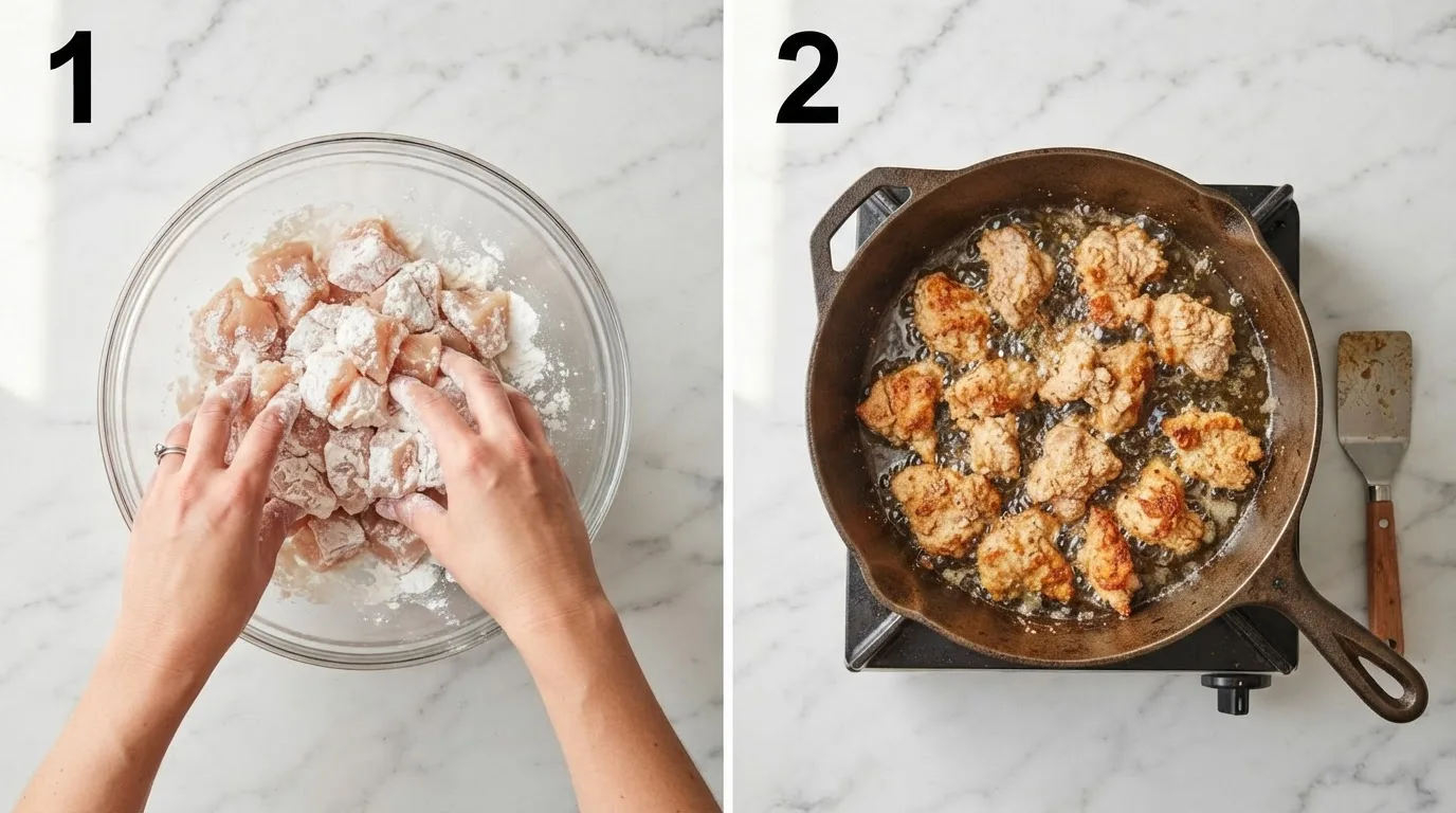 Tossing raw chicken chunks with cornstarch, salt, and pepper in a glass bowl / Searing cornstarch-coated chicken bites in a hot cast-iron skillet