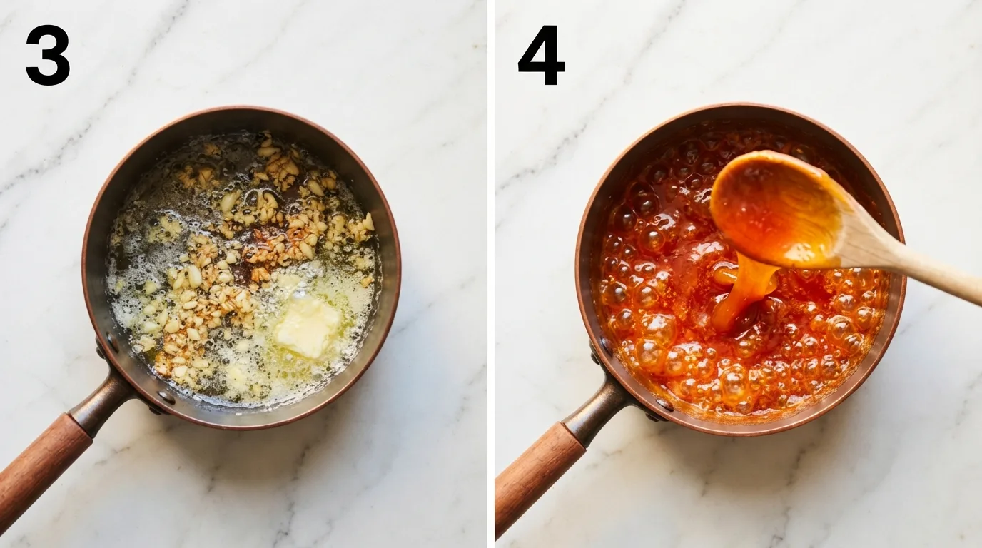 Melting butter with minced garlic in a small saucepan / Glossy orange lava chicken glaze bubbling and thickening in a saucepan