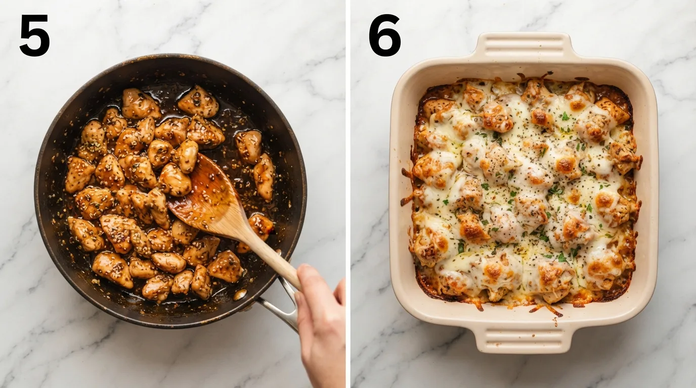 Tossing glazed chicken bites in glossy orange lava sauce with a wooden spoon / Broiling lava chicken topped with bubbling melted mozzarella
