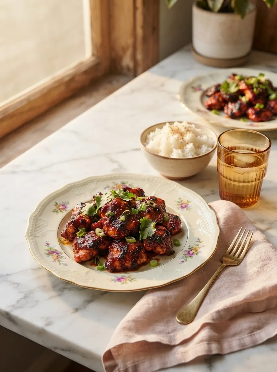 Steves lava chicken recipe served over rice at a warmly lit dinner table