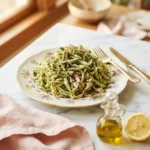 Foolproof sumac slaw with cabbage and ground sumac on a floral gold-rim plate