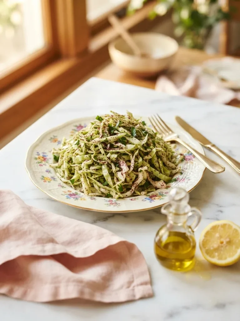 Foolproof sumac slaw with cabbage and ground sumac on a floral gold-rim plate