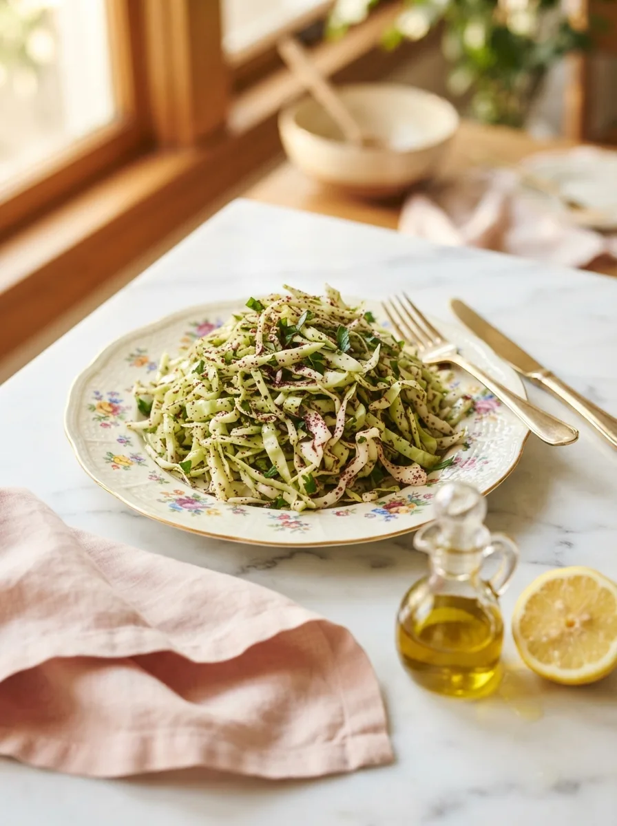 Foolproof sumac slaw with cabbage and ground sumac on a floral gold-rim plate