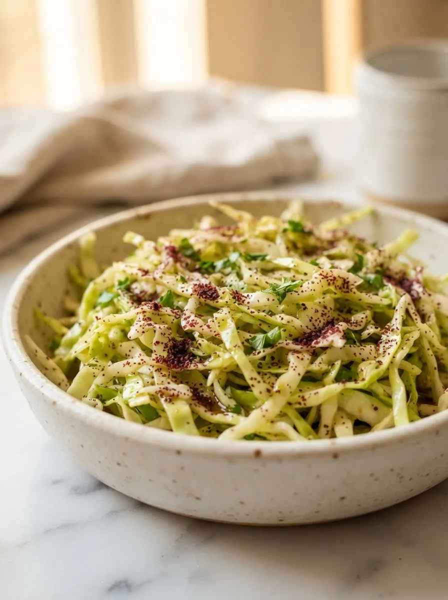 Close-up of cabbage strands coated in lemon dressing and ground sumac