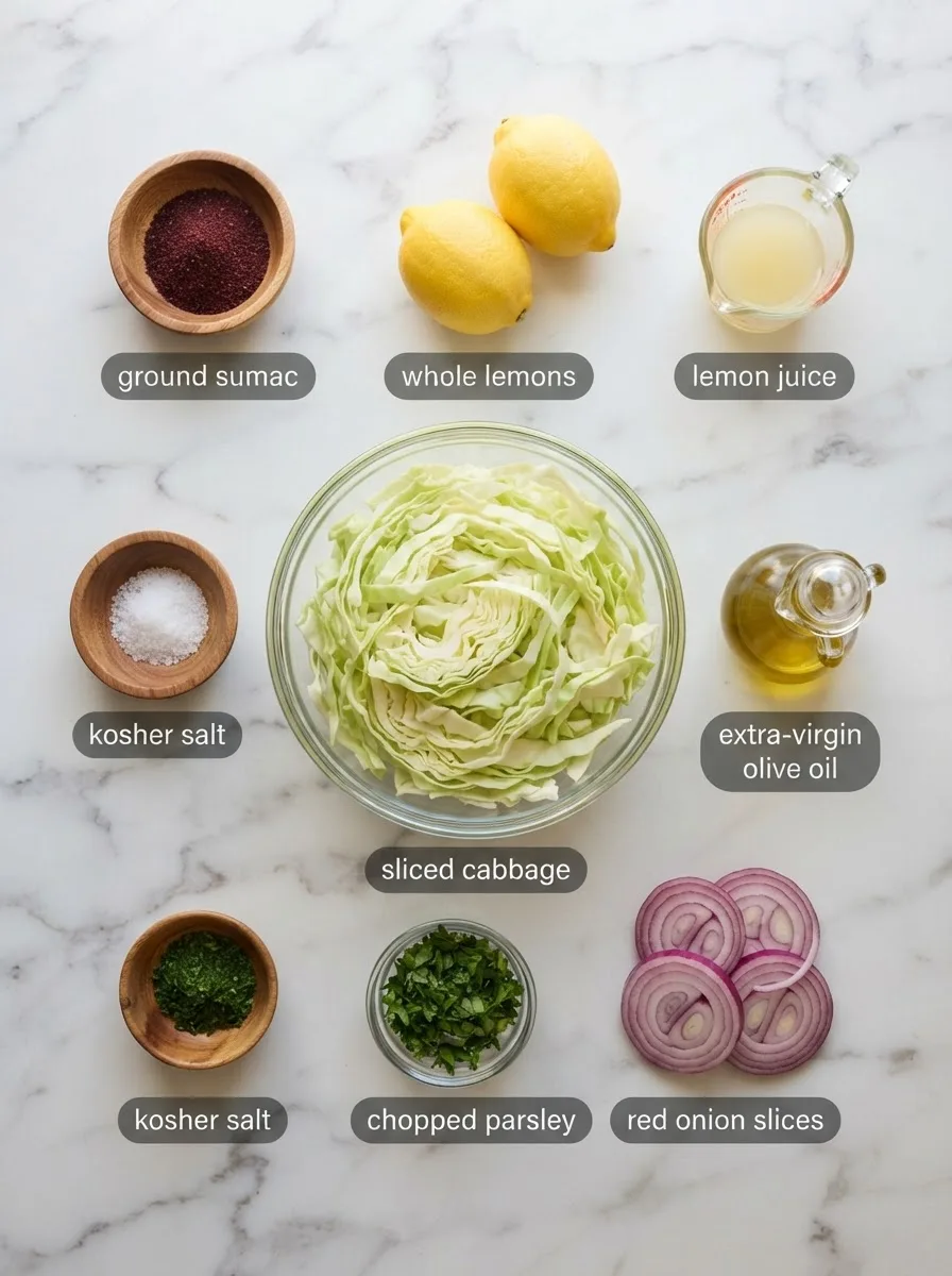 Sumac slaw cava ingredients arranged in an overhead flat lay on marble