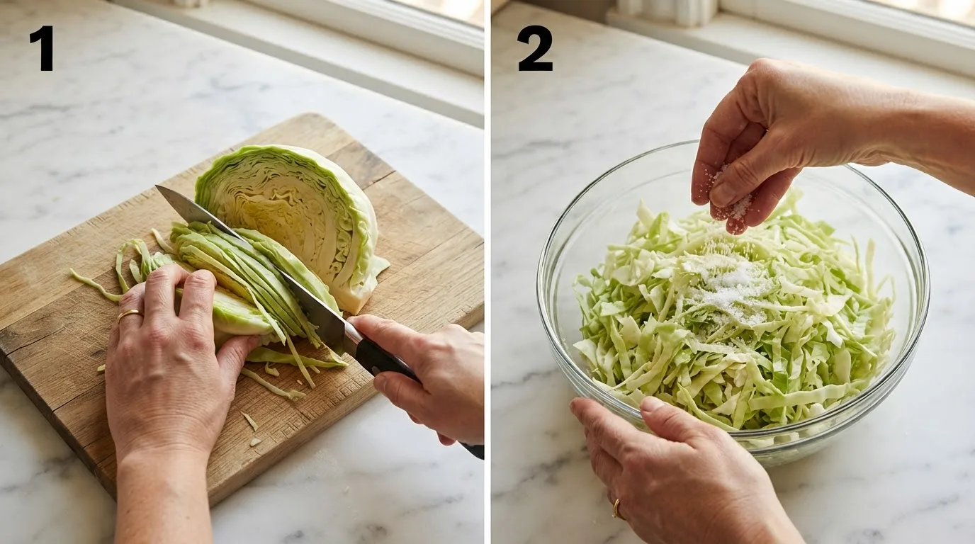 Slicing green cabbage into thin ribbons with a chef's knife / Sprinkling kosher salt over shredded cabbage in a glass bowl