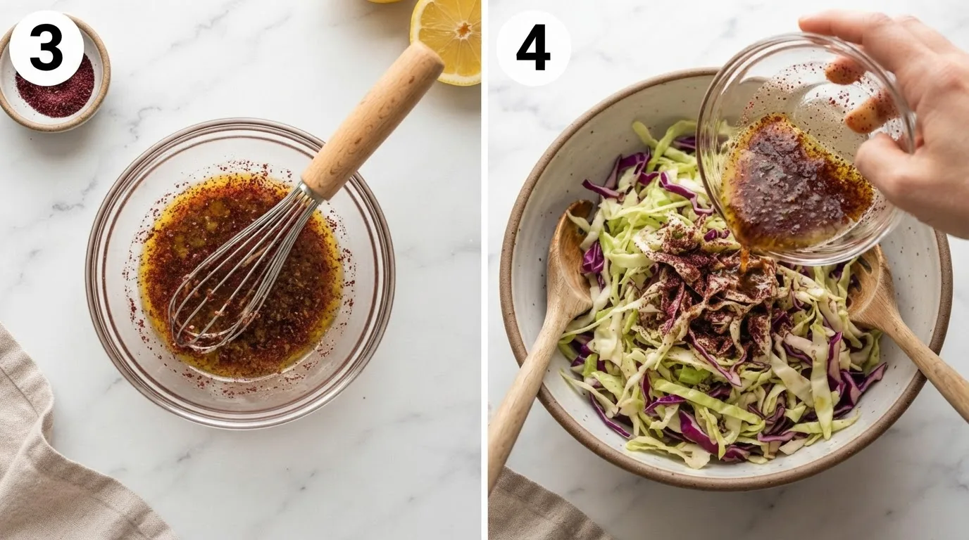 Whisking lemon juice, olive oil, and ground sumac into a dressing / Pouring sumac dressing over salted cabbage in a mixing bowl