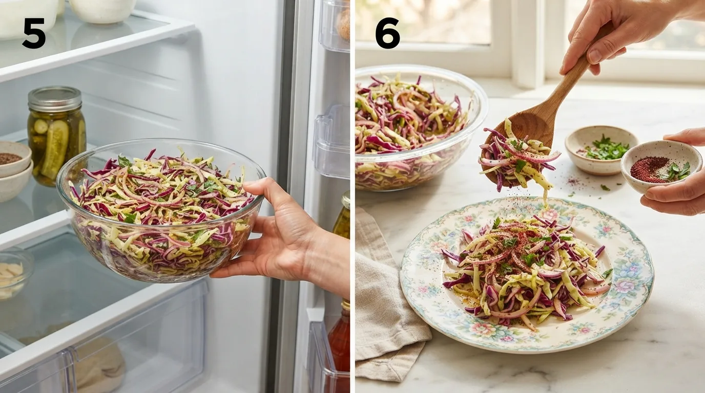 Dressed sumac slaw chilling in a glass bowl before serving / Finished sumac slaw plated with a dusting of sumac and parsley