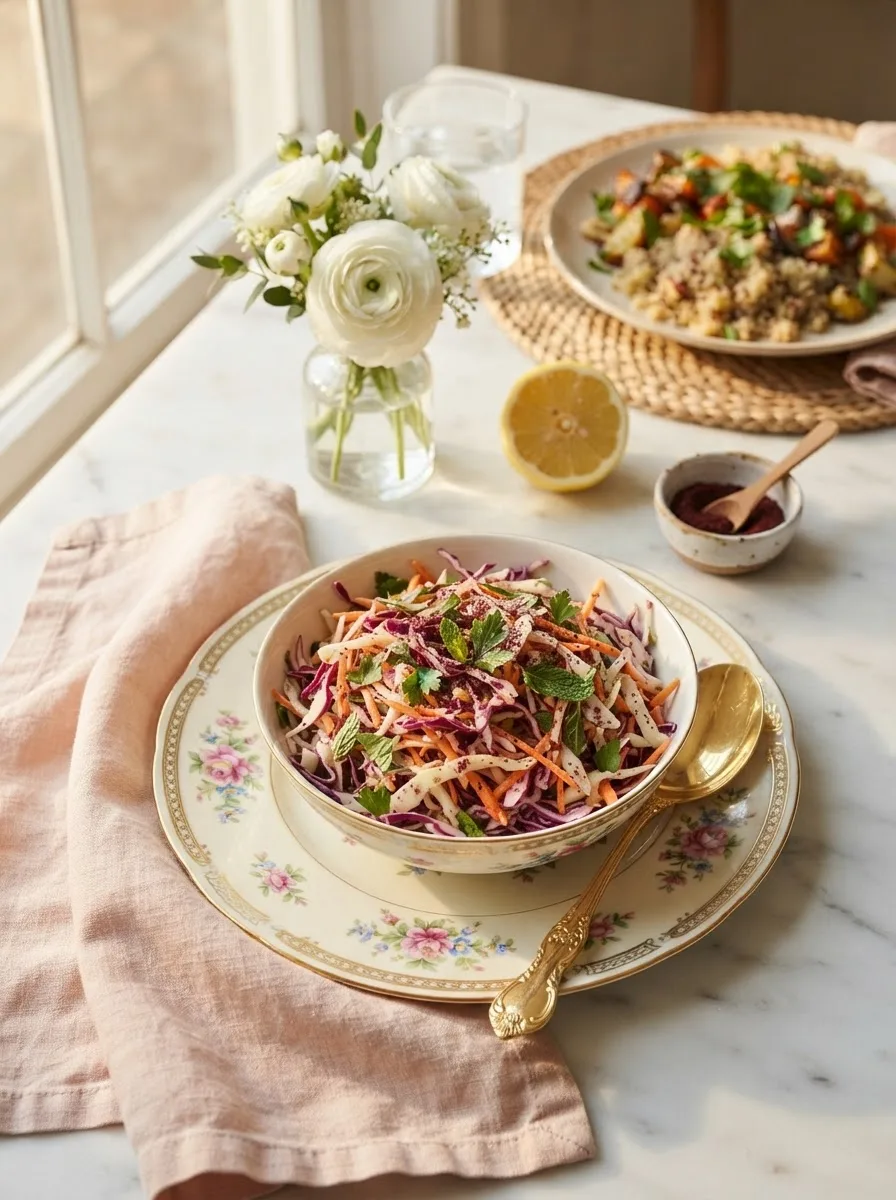Sumac slaw served alongside a Mediterranean-style spread on a floral plate