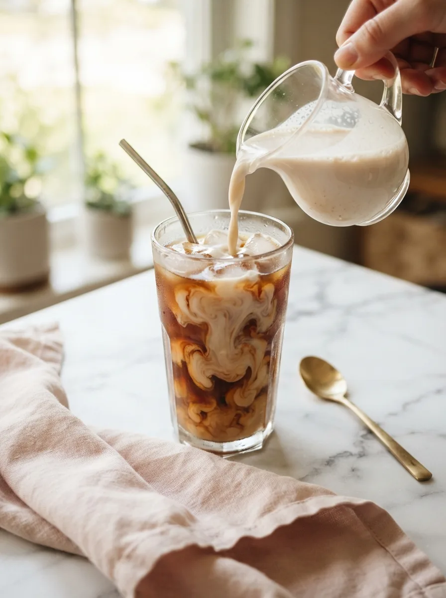 Summer moon moon milk recipe swirling into a glass of iced coffee on a marble counter
