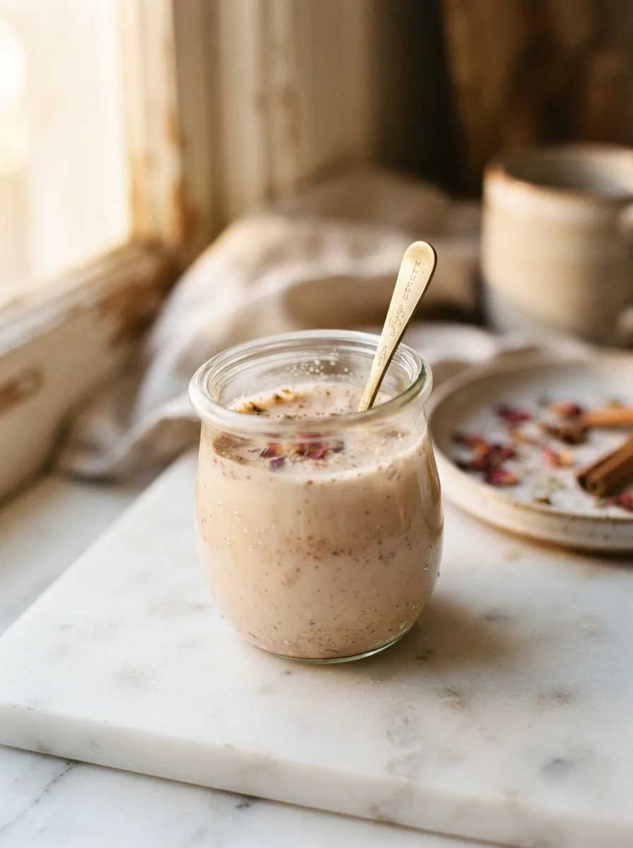 Close-up of thick cinnamon-vanilla moon milk showing suspended cinnamon flecks in cream